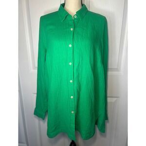 J Jill Green Crinkle 100% Cotton Long Sleeve Button Down Shirt Top Medium